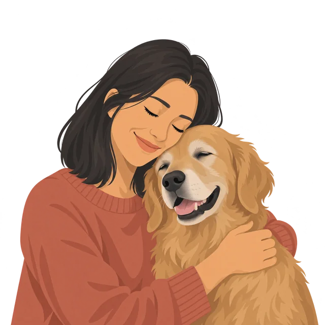 Eine Frau umarmt ihren Golden Retriever.