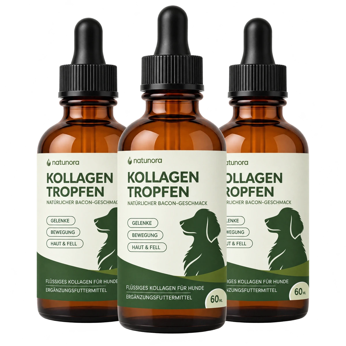 Drei Flaschen natunora Kollagen-Tropfen für Hunde.