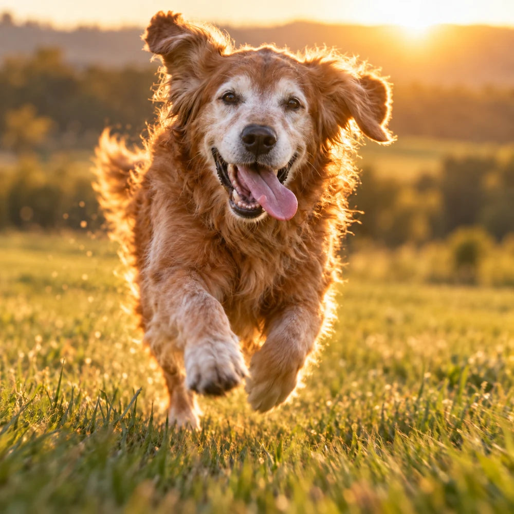Älterer Hund läuft über eine Wiese