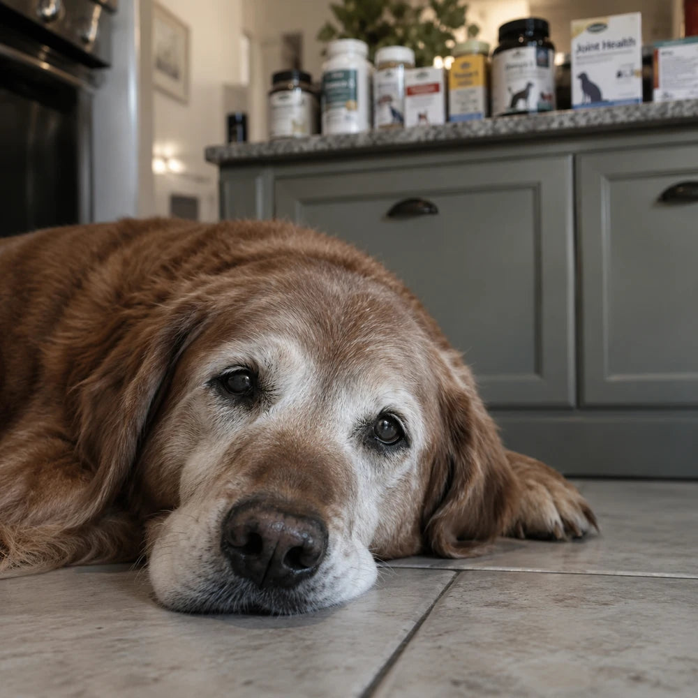 Älterer Hund liegt auf dem Küchenboden
