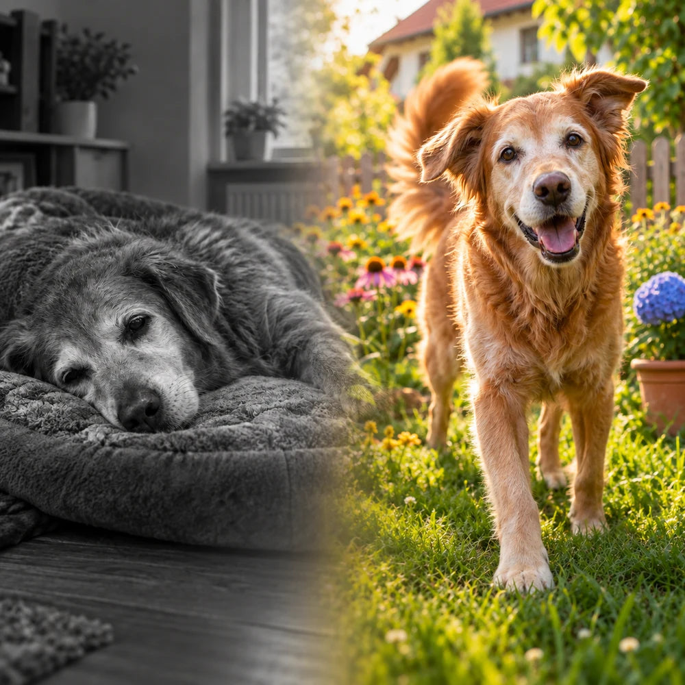 Zweiteiliges Hundemotiv: ruhender Hund und Golden Retriever im Garten