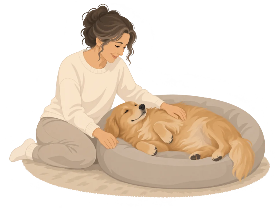 Eine Frau streichelt ihren entspannt im Hundebett liegenden Golden Retriever