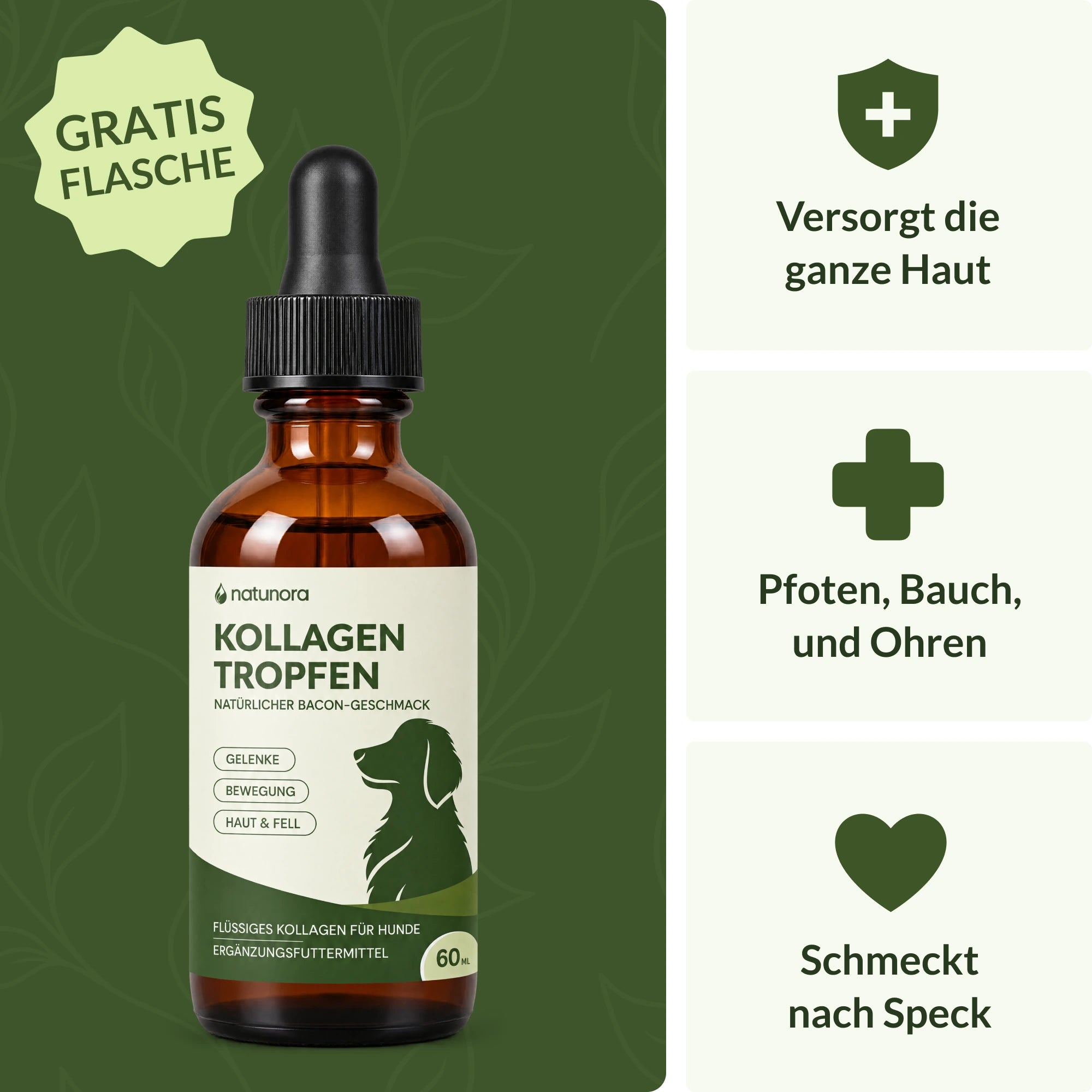 natunora Kollagen-Tropfen mit Gratis-Flasche-Aktion und Vorteilen für Haut, Pfoten, Bauch und Ohren