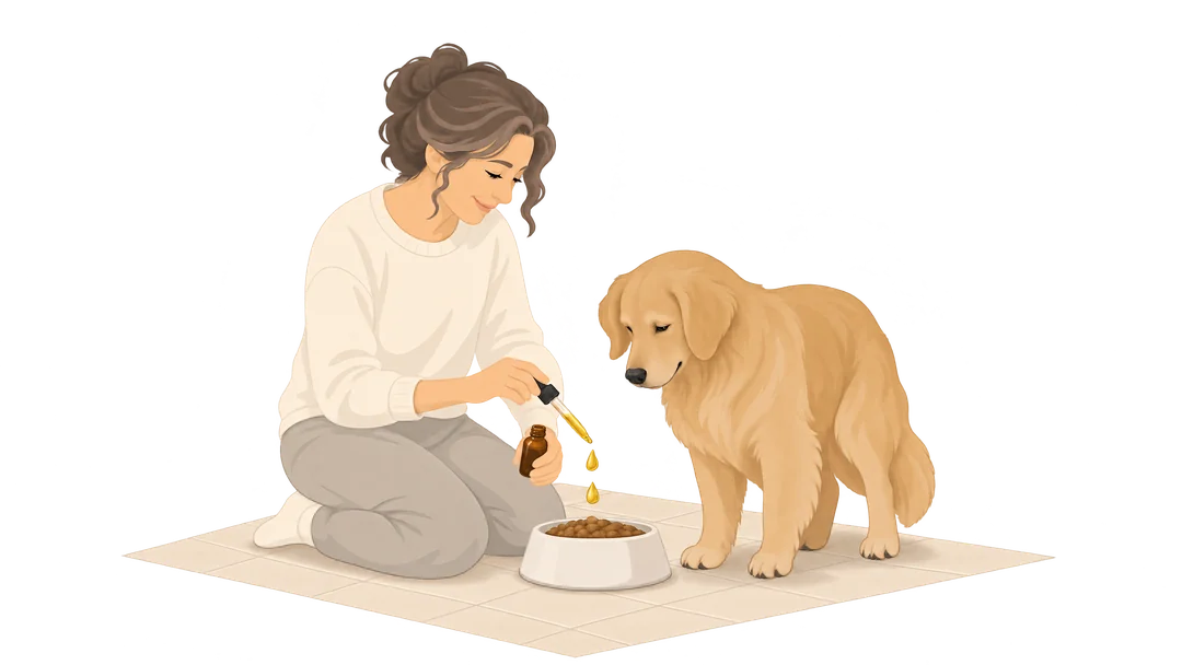 Illustration: Eine Hundehalterin gibt Tropfen über das Futter ihres Golden Retrievers