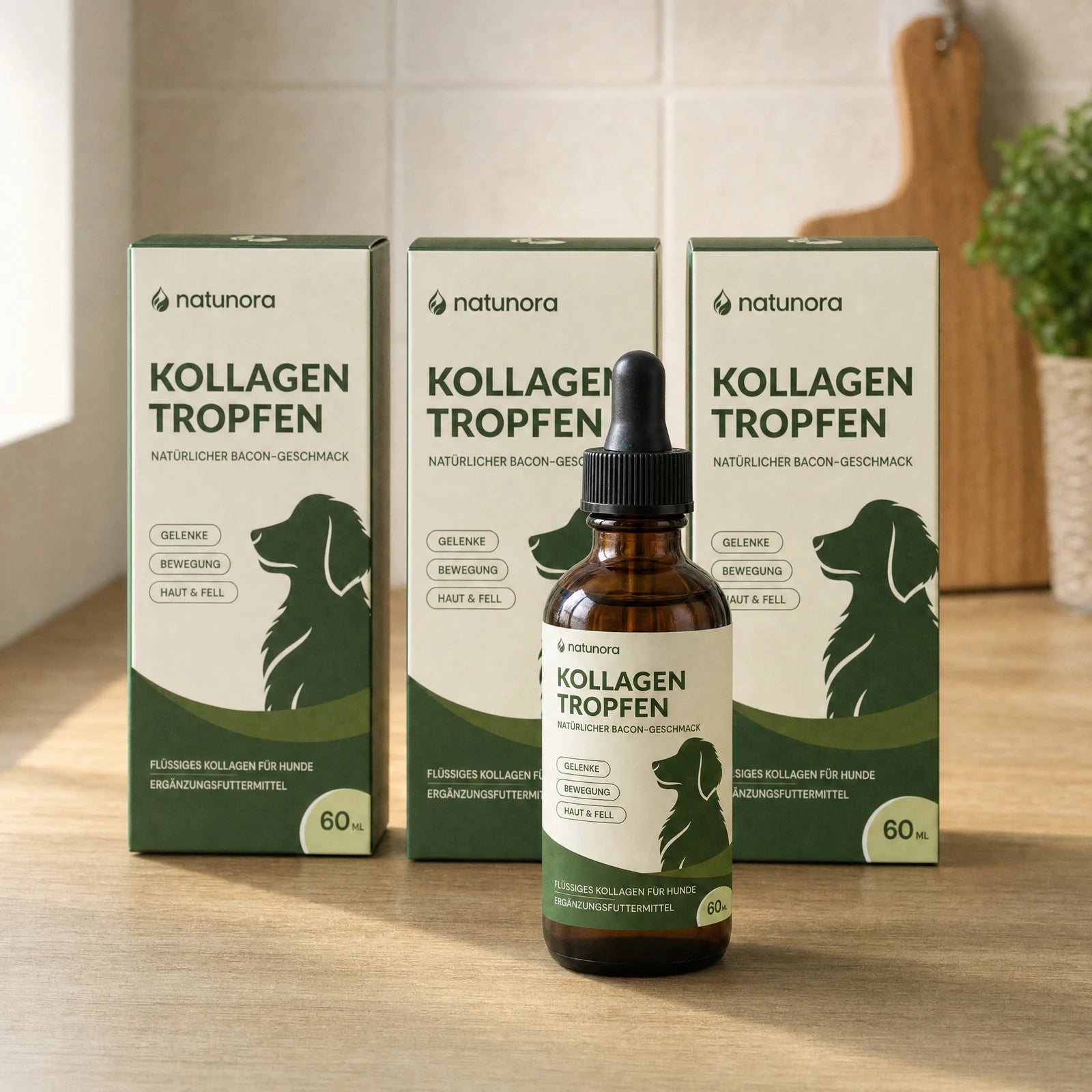 natunora Kollagen-Tropfen mit drei Produktpackungen