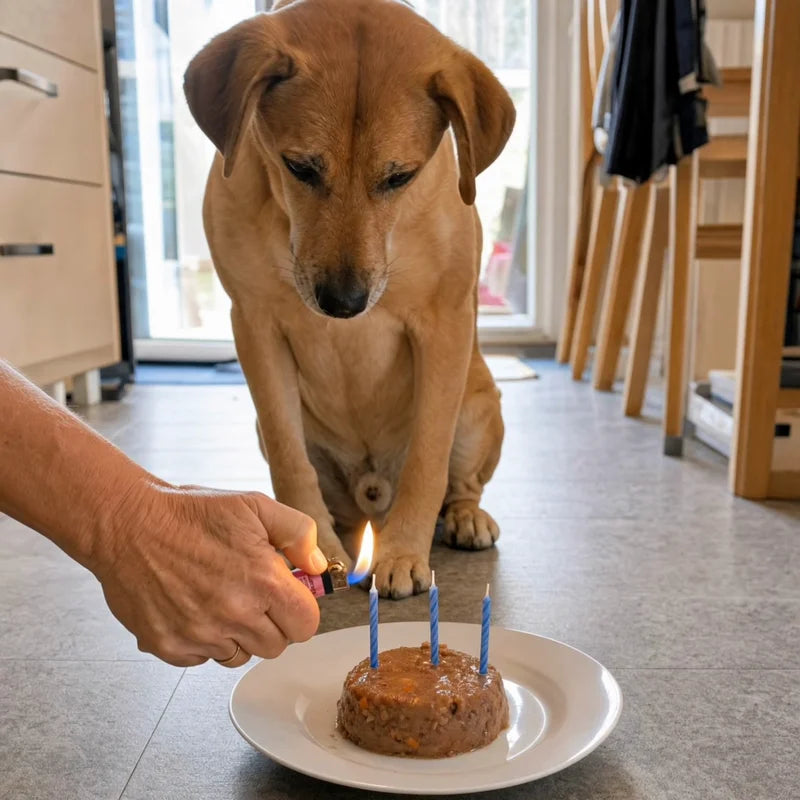 Ein Hund vor einem Geburtstagskuchen mit Kerzen