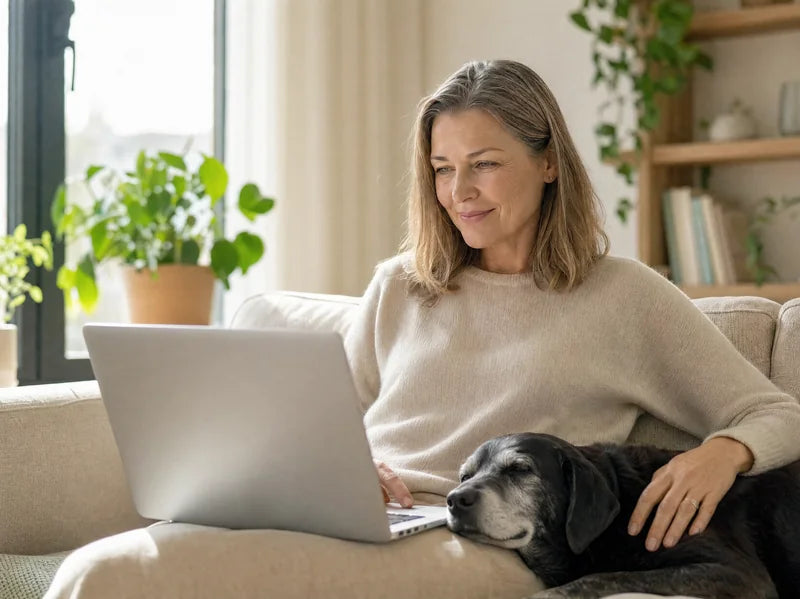 Frau mit Laptop und ihrem Hund auf dem Sofa