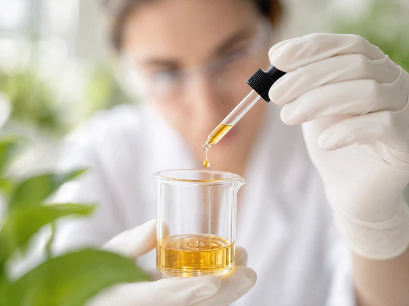 Pipette mit einem goldfarbenen Tropfen über einem Glasgefäß