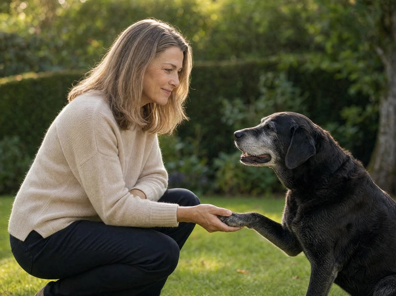 Frau hält im Garten die Pfote ihres Hundes