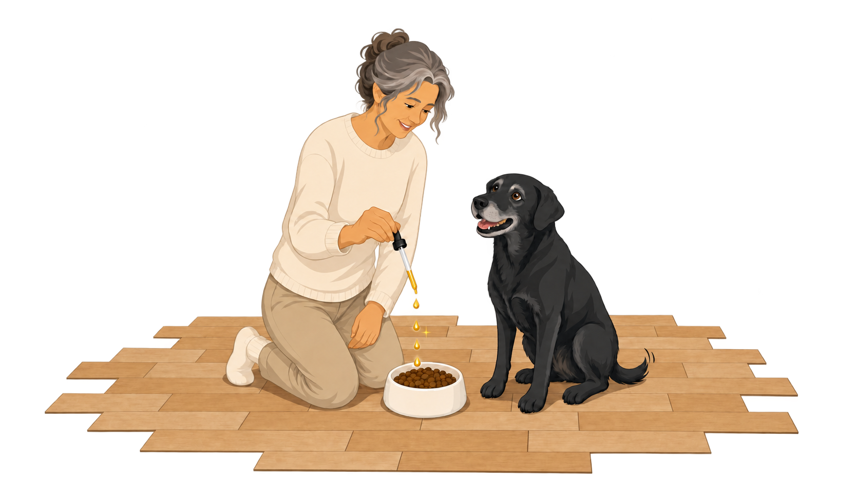 Illustration: Eine Hundehalterin gibt Tropfen über den Futternapf ihres Hundes