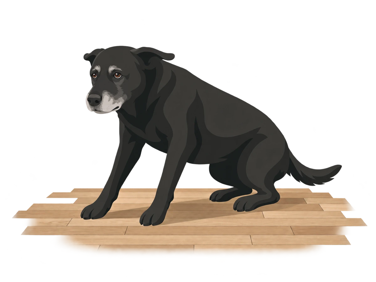 Älterer Hund richtet sich auf einem Holzboden auf
