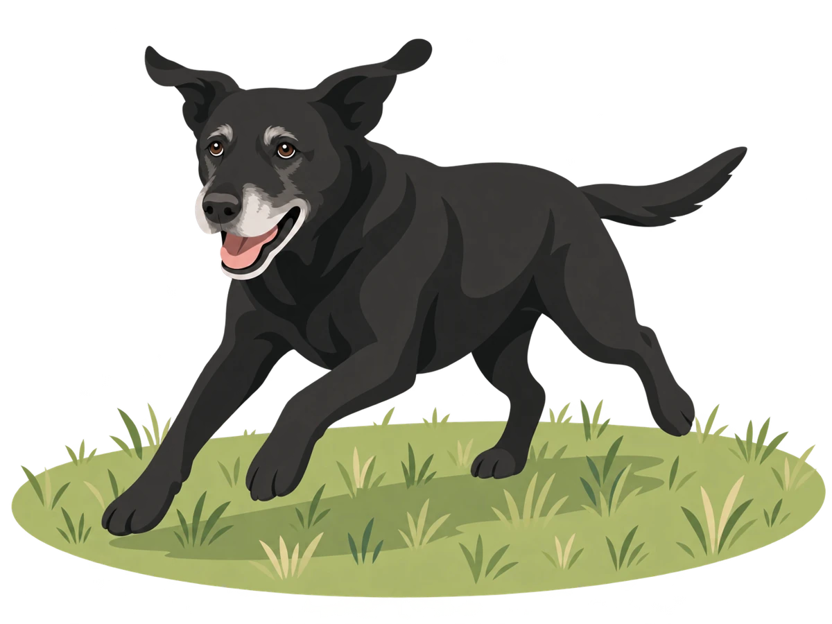 Schwarzer Hund läuft auf einer Wiese